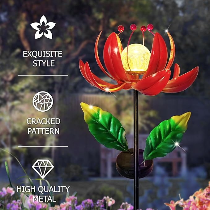 Solar Lights Outdoor Wind Spinners, Metal Lotus Flower Garden Decor with Waterproof LED Crackle Glass Globe for Patio Lawn Yard Outdoor Decor-VerdiqueGarden