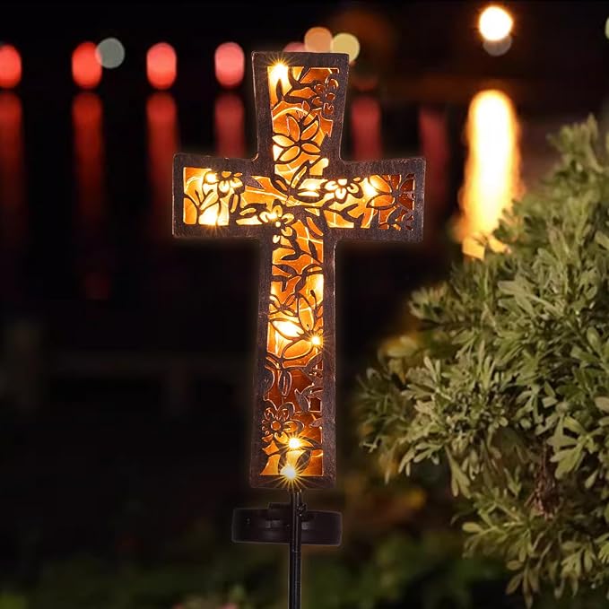 HUYIENO Solar Cross Garden Stake Lights 38inch Metal Outdoor Waterproof Memorial Garden Decor 2 Lighting Modes Cemetery Decorations for Grave for Remembrance Gifts & Sympathy Gifts-VerdiqueGarden