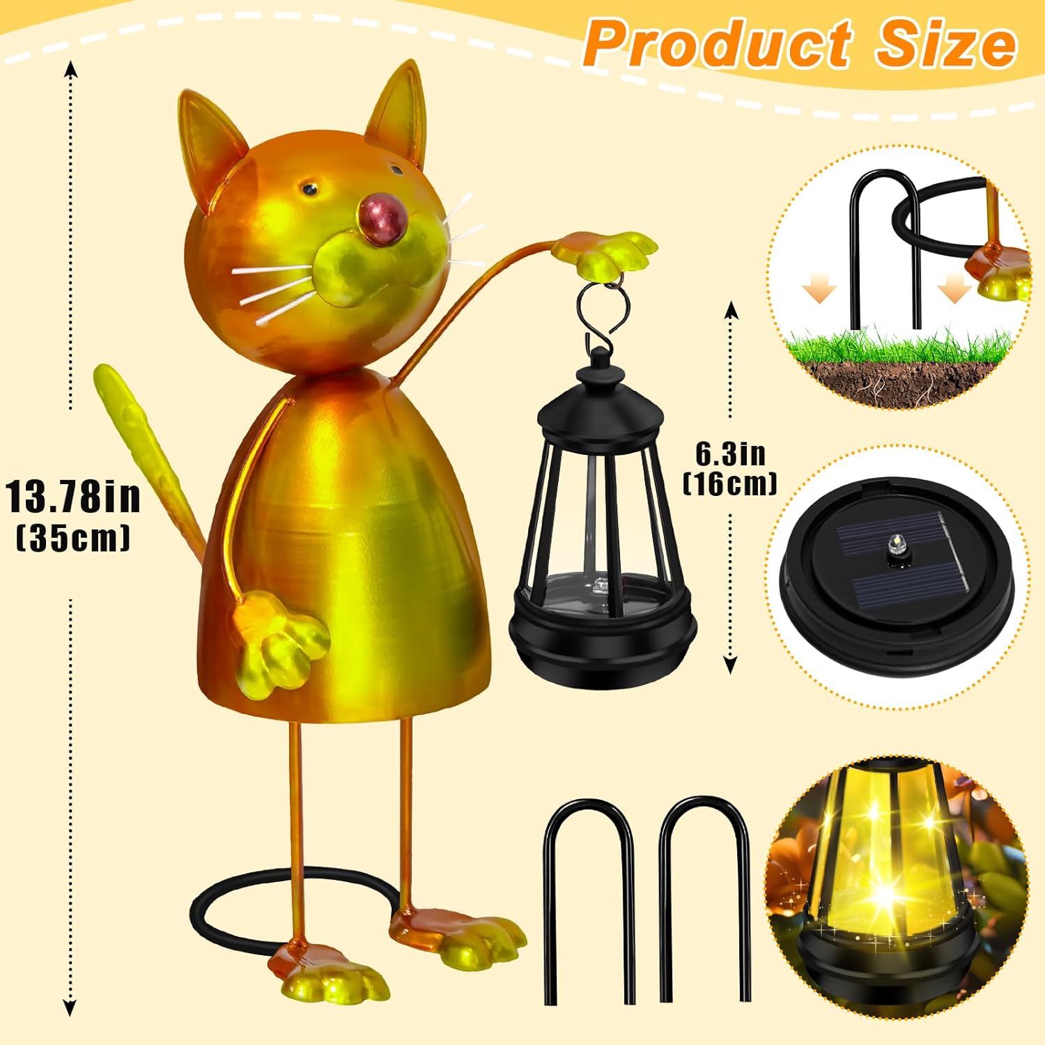 Solar Garden Decor Cat Statue with Solar Lights,13.78in Tall Metal Cat Figurines Decor,Birthday Gifts for Women Mom Grandma,Decorative Stakes for Yard Art Lawn Porch Patio Outside Decorations-VerdiqueGarden