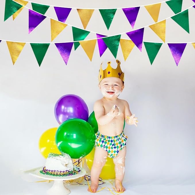 Mardi Gras Party Decorations Purple Green and Gold Metallic Fabric Triangle Pennant Banner Flag Hanging Bunting Garland for Birthday Wedding Baby Shower Bridal Shower Holiday Masquerade Party Supplies-VerdiqueGarden