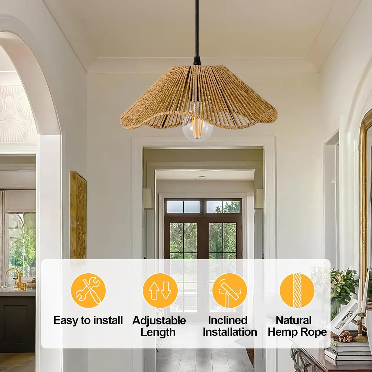 TERLEENART Hard Wired Rattan Pendant Lights Set of 2,Kitchen Island Pendant Lights with 12” Flower Shade,Boho Handwoven Paper Rope Rattan Ceiling Light for Living Room Dining Room Restaurant Foryer-VerdiqueGarden