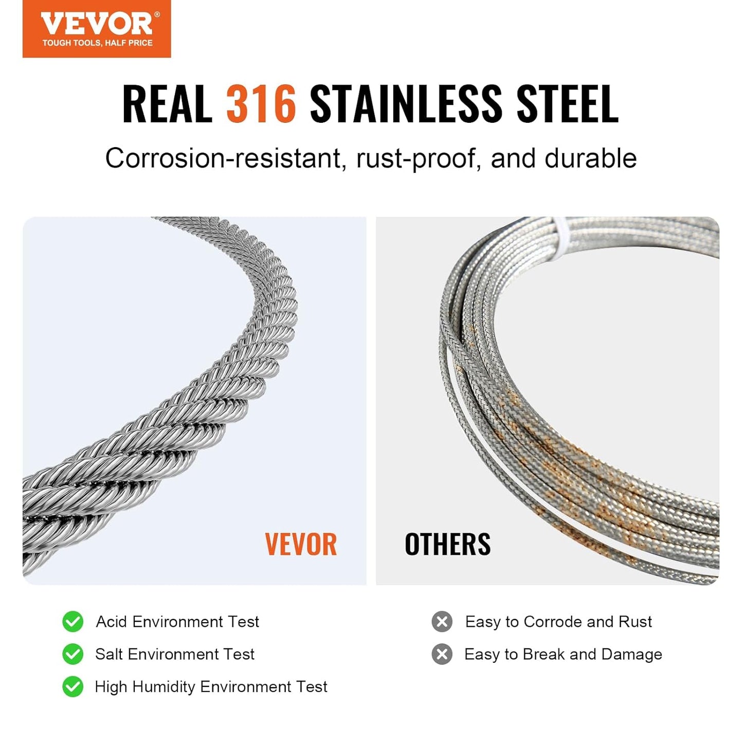 VEVOR 1/8 Stainless Steel Cable, 1/8 Wire Rope, 100 FT 316 Cable Wire 20 Sleeves & 10 Thimbles, 1600 lbs Breaking Strength, 7x7 Strands Marine Aircraft Grade for Handrail Stair Decking Fence Outdoors-VerdiqueGarden