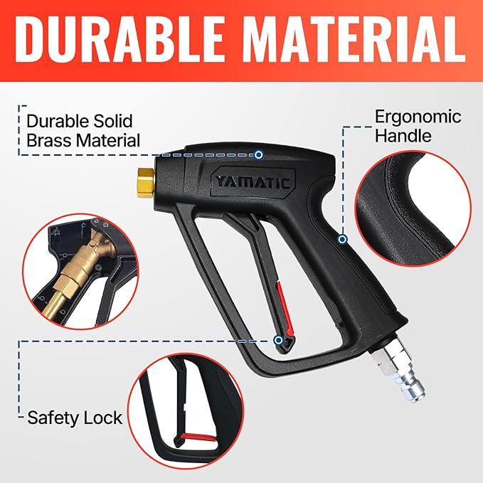 YAMATIC Short Pressure Washer Gun with Stainless Steel Swivel 3/8" Quick Connector, Power Washer Handle with Easy Pull Trigger Replacement for Ryobi, Simpson, Craftsman, DeWalt, 4000 PSI-VerdiqueGarden