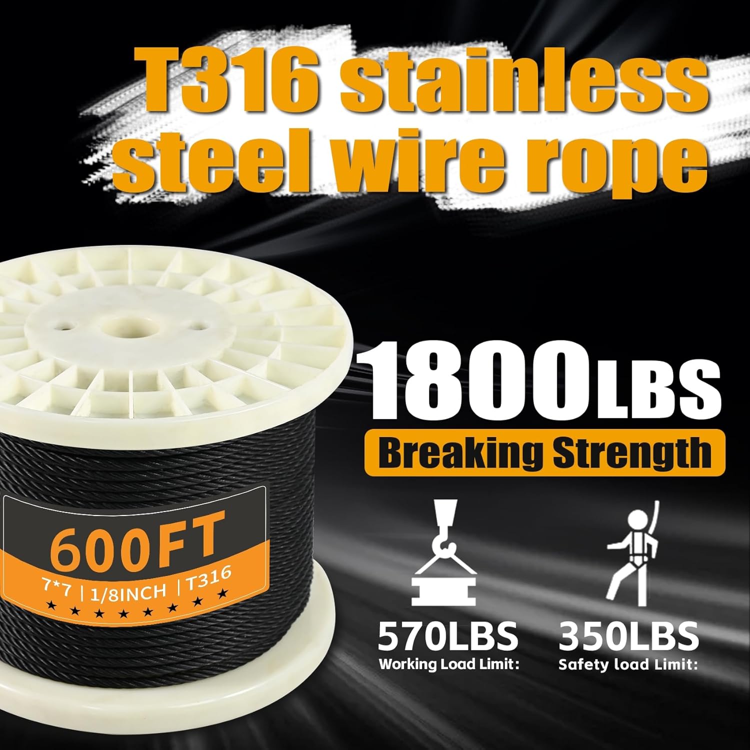 600FT 1/8" Stainless Steel Cable Black, Wire Rope with Cable Cutter, 7x7 Strands,1800lbs Breaking Strength, Aircraft Cable Rope for Deck Cable Railing, Stair, Fence, DIY Balustrades-VerdiqueGarden