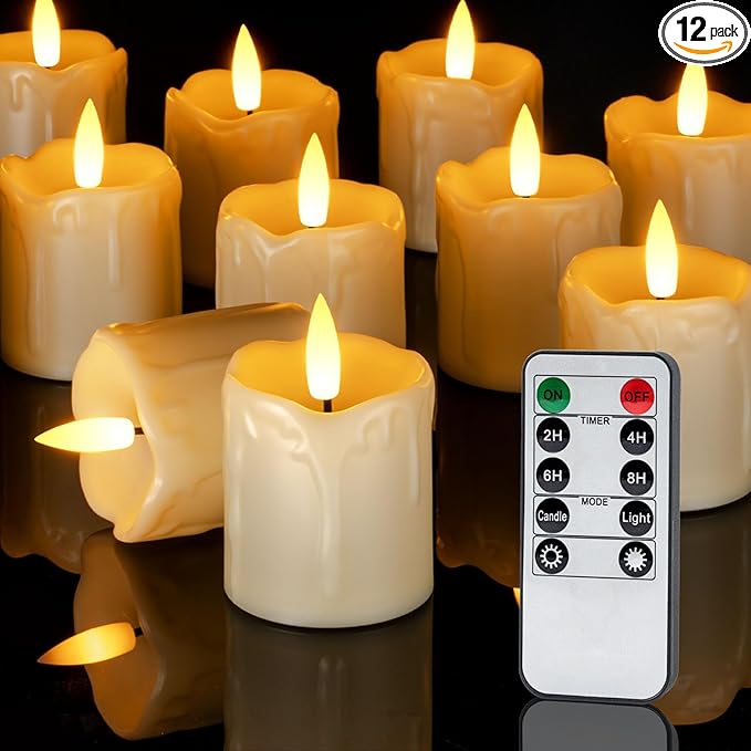 Homemory 12Pack 2" x 2" Timer Remote Control Flameless Votive Candles, Realistic Battery Operated Candles, 3D Wick Electric Fake Candles for Christmas, Wedding, Home Decorations-VerdiqueGarden