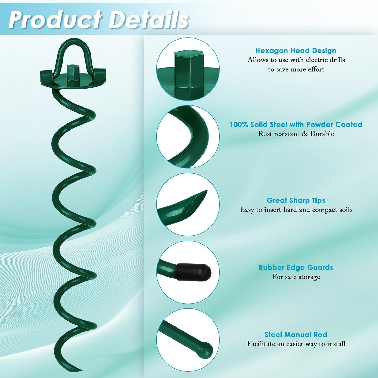 FEED GARDEN 16 Inch Spiral Ground Anchors Heavy Duty Screw in Spiral Stakes, 4 Pack Folding Ring Ground Stakes for Securing Dogs,Tents, Trampolines, Canopies, Swing Sets,Green-VerdiqueGarden