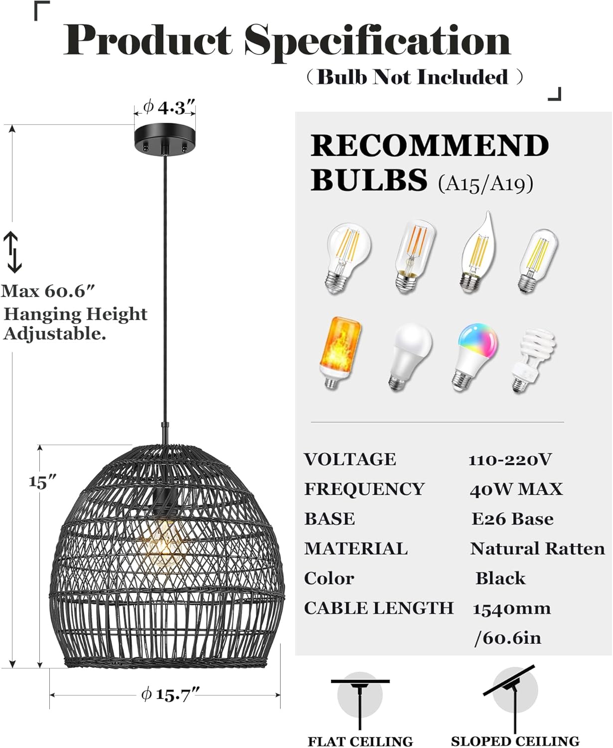 ELYONA 16” Large Rattan Pendant Light, Modern Black Wicker Chandelier, Hand Woven Boho Basket Hanging Light Fixtures for Farmhouse Dining Room Kitchen Island Living Room Bedroom Foyer (40cm*40cm)-VerdiqueGarden