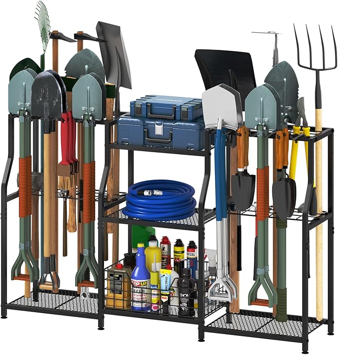 keomaisyto Garden Tool Organizer, Heavy Duty Yard Tool Tower Rack for Garage Organization and Storage, 3 Tier Utility Garden Tool Rack with hooks for Garden/Shed/Garage/Yard/Basement/Lawn-VerdiqueGarden