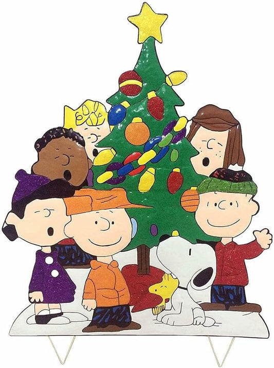 Peanuts Gang Around The Tree Christmas Yard Art Outdoor Christmas Decor Hammered Metal (32'' Peanuts Gang Around The Tree), Multi Color, 18'' wide x 32'' high-VerdiqueGarden