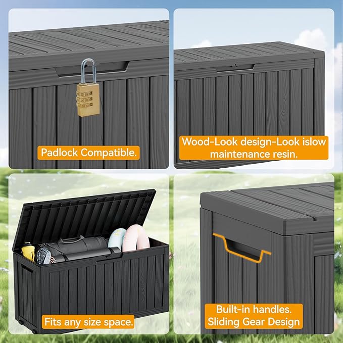 KAMABOKO Deck Box, 75 Gallon Resin Indoor and Outdoor Storage Boxes Waterproof for Garden Tools, Pool Accessories Storage Bench, Patio Furniture and Cushions with Lockable Lid, Black-VerdiqueGarden