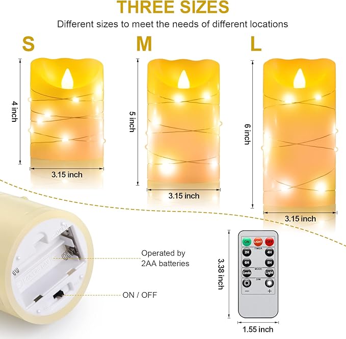 Flameless Flickering Candle, Pillar Candle,with Embedded String Lights,3 Pack LED Romantic Candle with Remote Control, Battery Operated Real Wax, Ideal for Wedding, Home decorand Holiday (Ivory)-VerdiqueGarden