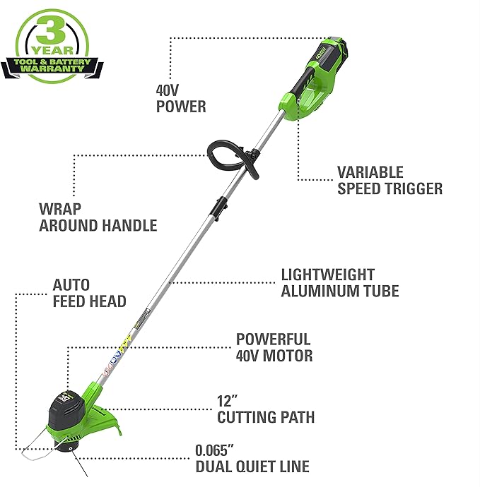 Greenworks 40V 12" Cordless String Trimmer, 2.0Ah Battery and Charger Included-VerdiqueGarden