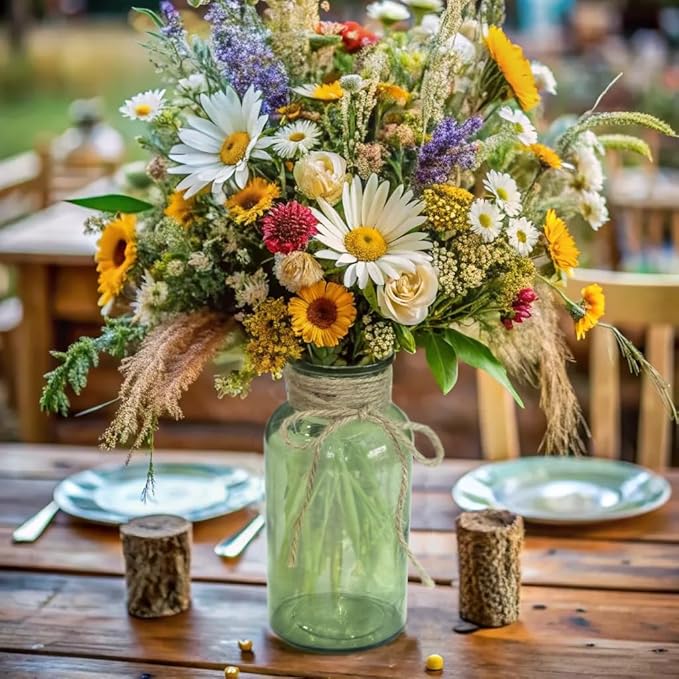 Vintage Glass Flower Vase，12 Pack Green Farmhouse Glass Centerpiece Vases Mason Jars for Weddings, Parties & Home Decor Bulk (12, Green)-VerdiqueGarden