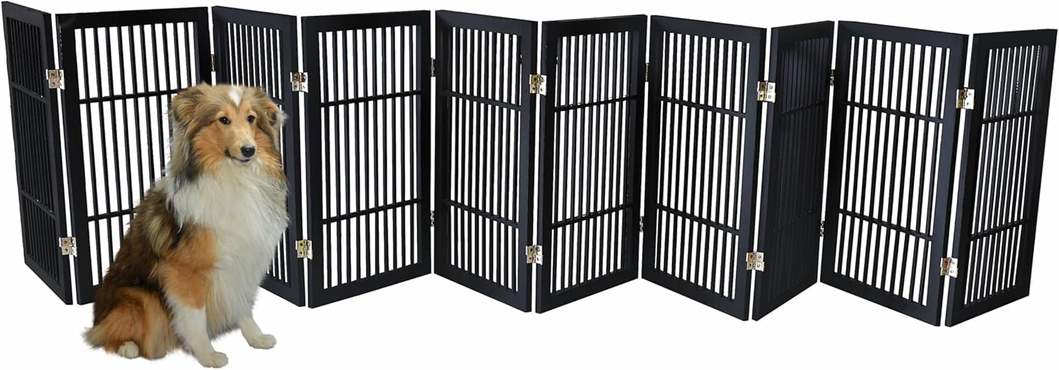 Pet Dog Gate Strong and Durable Freestanding Folding Acacia Hardwood Portable Wooden Fence Indoors or Outdoors by Urnporium (Black Pet Gate, 10 Panel 30" Tall)-VerdiqueGarden