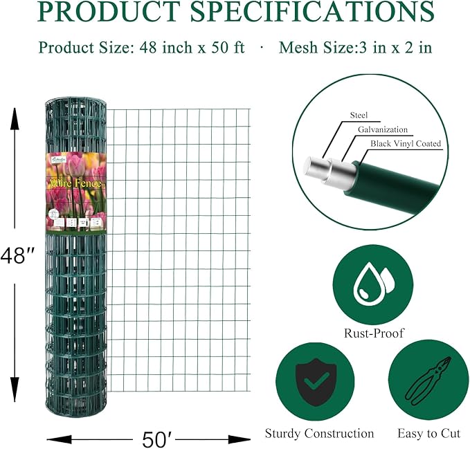 Green PVC Coated Welded Wire Fence 48 Inch x 50 Foot, 2 Inch x 3 Inch 16GA, Garden Border Fencing Roll Vinyl Coating Metal Wire Mesh for Yard Vegetable Plant Protection Poultry Netting-VerdiqueGarden