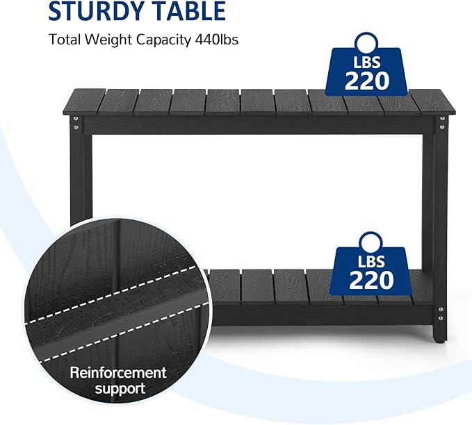 Outdoor Console Table, 48" Weather Resistant HIPS Patio Side Table, 440LBS Weight Capacity, 2-Tier Multifunctional Buffet Bar Storage Organizer for Garden Deck, Black-VerdiqueGarden