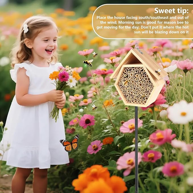 Mason Bee House for Garden, Natural Wooden Bee Habitat with Metal Ground Stake, Attracts Pollinators, Improve Garden Productivity, Outdoor Decoration-VerdiqueGarden
