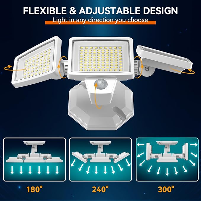 65W LED Flood Light Outdoor, 6500LM, Waterproof, 6500K Motion Sensor Flood Lights Outdoor with Adjustable 3 Head Detected Floodlight for Outside Entryway Garage, Yard, Porch, White, 2 Pack-VerdiqueGarden