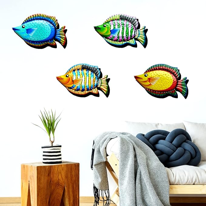 HHgrowe 11.8 Inches Hand-Painted Metal Fish Art Wall Decor Coastal Ocean Sea Hanging Decorations Garden Pool Decor Set of 4 Colorful Outdoor or Indoor Wall Sculptures …-VerdiqueGarden