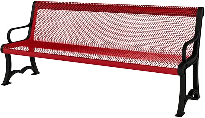 Coated Outdoor Furniture Heavy-Duty Outdoor Bench Thermoplastic Coated, Expanded Metal, Commercial-Grade Garden Bench, Made in America (Portable with Back, 4 Ft, Textured Red)-VerdiqueGarden