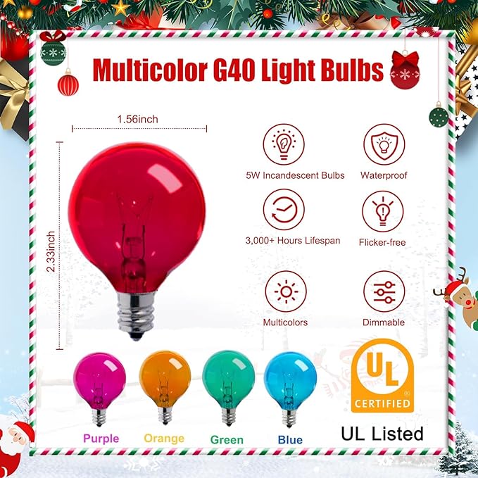 Brightown 50 Pack G40 Colorful Incandescent Bulb, Vintage Globe Replacement Light Bulb for Christmas Lights, 5 Watt E12 C7 Candelabra Base for Patio Yard Garden Holiday Xmas Decoration-VerdiqueGarden
