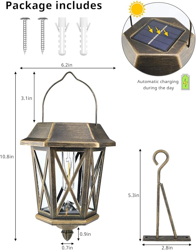 Solar Lantern Outdoor Waterproof, Metal Solar Lights Outdoor with Clear Glass, LED Solar Powered Lights Wall Mount for Yard Garden Wall Outdoor, Bronze - 2 Pack-VerdiqueGarden