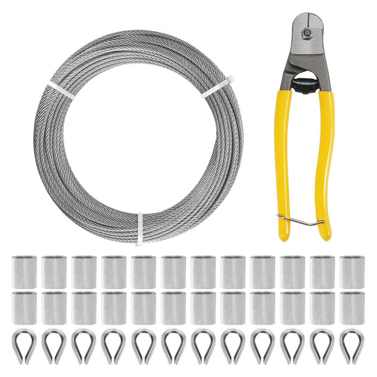 1/8 Inch Stainless Steel Cable Kit 100FT, 7 x 7 Strand Wire Rope with Aluminium Sleeves & Thimbles for Deck Railing, String Light Hanging, Shade Sail, Garden and DIY Projects-VerdiqueGarden