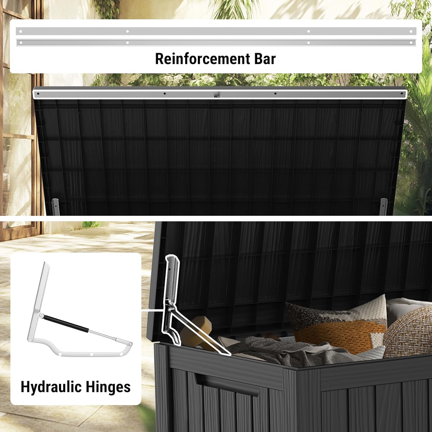 Mars Villa 180 Gallon Outdoor Storage Box, Large Resin Deck Box Waterproof, Storage Bin for Outside Patio Furniture Cushions, Pool Supplies, with Hydraulic Hinge, UV Resistant and Weatherproof, Black-VerdiqueGarden