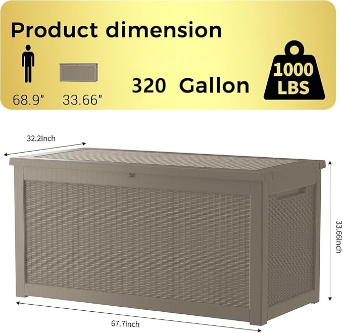 320 Gallon Outdoor Storage Box Patio Deck Box Waterproof, Resin Lockable Outside Large Storage Bin for Pool Cushion Furniture, Garden Tools UV-Resistant, Grey-VerdiqueGarden