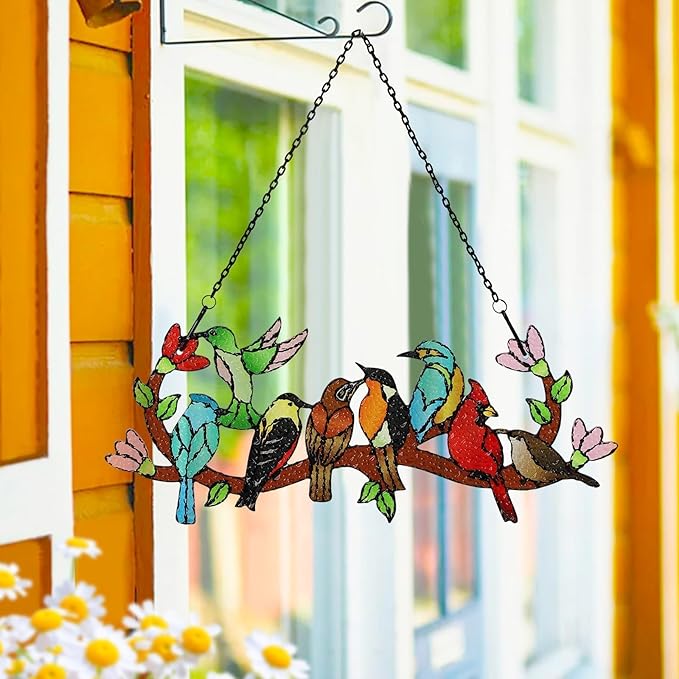 Huray Rayho Birds On Branch Stained Glass Suncatcher Cardinal Hummingbird Kingfisher Double Side Glass Panel Window Hanging Decor Bird Ornament Bird Lover Gift for Mom Grandma-VerdiqueGarden