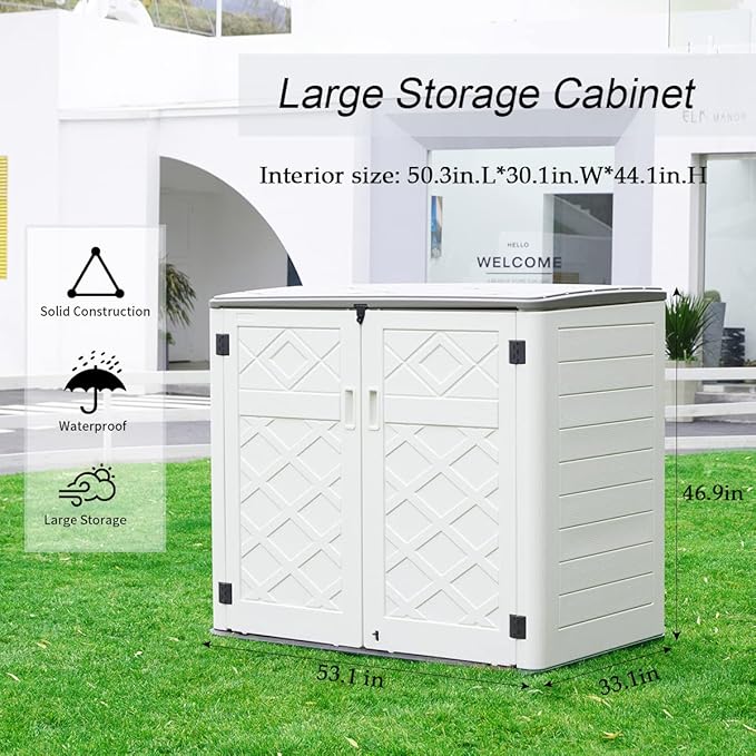 Resin Outdoor Storage Shed, 38 cu.ft Outdoor Storage Box Waterproof for Garden Tools, Patio Furniture, Trash Cans, Garage Storage, Customized Shelves & Lockable (Off White)-VerdiqueGarden