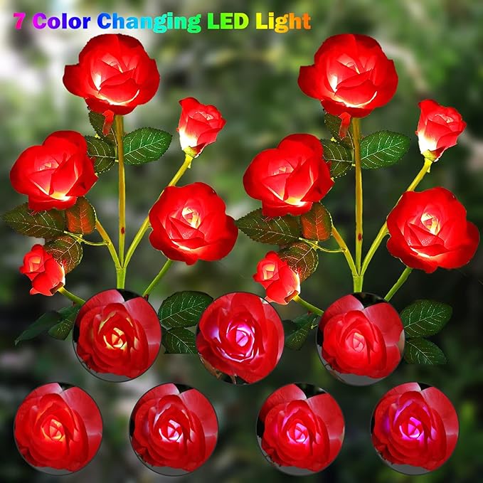 ANGMLN 2 Pack Solar Garden Lights, Solar Flower Lights Outdoor Waterproof with 10 Head Red Rose 7-Color Changing Landscape Light for Pathway Garden Patio Yard Valentine's Day Christmas Decoration-VerdiqueGarden