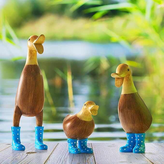GUTE Duck Yard Decorations Yard Art Garden Puddle Ducks with Blue Spotted Wellies Boots, Set of 3 - Garden Decor Statues, Duck Figurine Statue - Waterproof Indoor & Outdoor Lawn Gnome Ornament-VerdiqueGarden