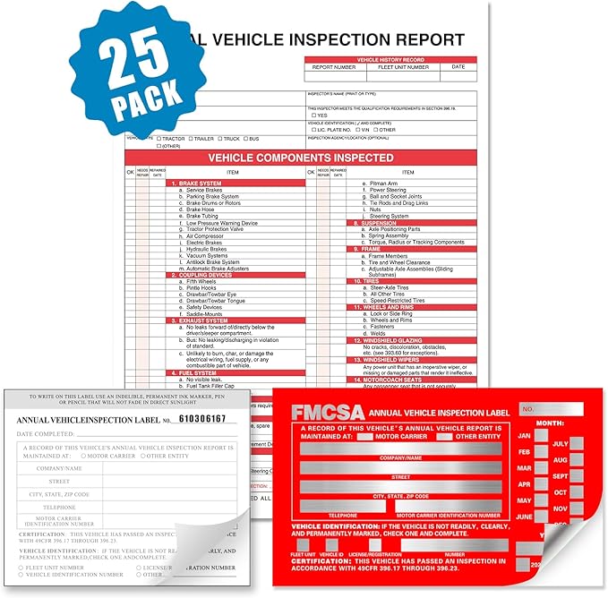 Annual Vehicle Inspection Report Form with Red Exterior Aluminum Inspection Label (6"x3.5"), and White Interior Inspection Label (5"x4") 25-pk-VerdiqueGarden