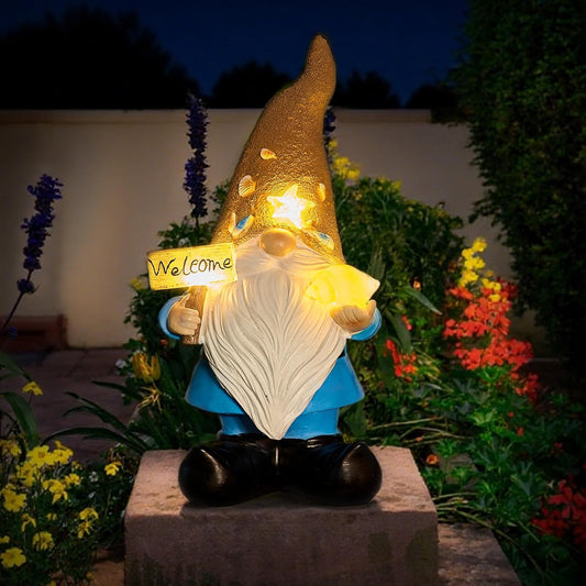 Solar Garden Gnomes Decor Outdoor Statue - Gnome Welcome Sign with LED Waterproof Sculptures Lights, Gnome Pond/Yard Statues Outside Decoration, Home, Lawn, Patio, Resin Ornament, Gardening Gift-VerdiqueGarden