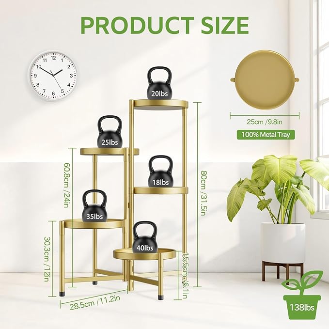 iDavosic.ly 5 Tier Large Plant Stand Indoor, 10 Inch Wide Tall Corner Metal Plant Stands Outdoor for Multiple Plants, Folding Tiered Flower Display Holder Rack Shelf, Gold-VerdiqueGarden
