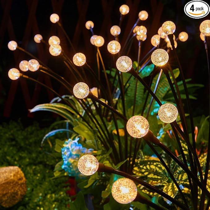 Solar Garden Lights - 4 Pack 12 LED Crystal Solar Firefly Lights with 2 Lighting Mode, Sway by Wind, Waterproof Solar Decorative Lights, Solar Outdoor Lights for Yard Walkway Decoration, Warm White-VerdiqueGarden