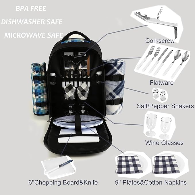 apollo walker Picnic Backpack Bag for 2 Person with Cooler Compartment, Detachable Bottle/Wine Holder, Fleece Blanket, Plates and Cutlery Set-VerdiqueGarden