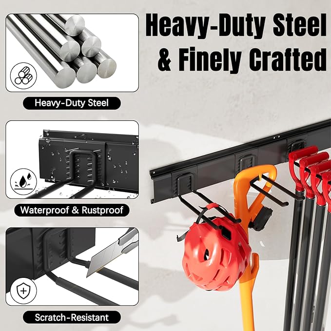 Garage Garden Tool Organizer Wall Mount, Heavy Duty Garage Tool Storage Rack 64 Inches, Max Load 440lb - Shovel, Rake, Folding Chair, Weed Eater Storage-VerdiqueGarden