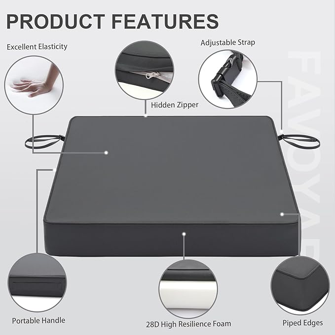 Favoyard Patio Chair Cushions 18.5 x 16 x 3 Inch Waterproof Outdoor Seat Cushions for Patio Furniture 3-Year Color Fastness Garden Sofa Couch Pads with Handle & Adjustable Straps Set of 2, Dark Grey-VerdiqueGarden