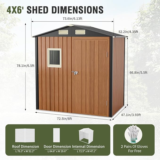 Outdoor Storage Shed 6x4 Ft, Lockable Metal Garden Shed with Window, Tool Shed Tiny House Vertical Outside Storage Building for Backyard, Lawn, Patio, Bike-VerdiqueGarden