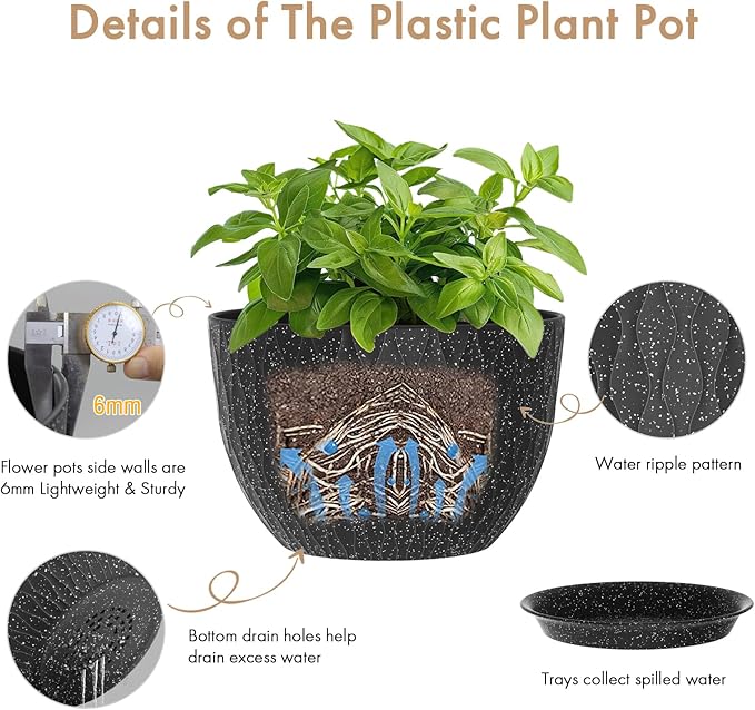 12 Inch Wide Water Ripples Flower Pots for Indoor or Outdoor Plants, Large Plant Pots with Drainage Holes & Saucer, Plastic Planters Set for Garden & Home Decor (Black with White Speckles)-VerdiqueGarden