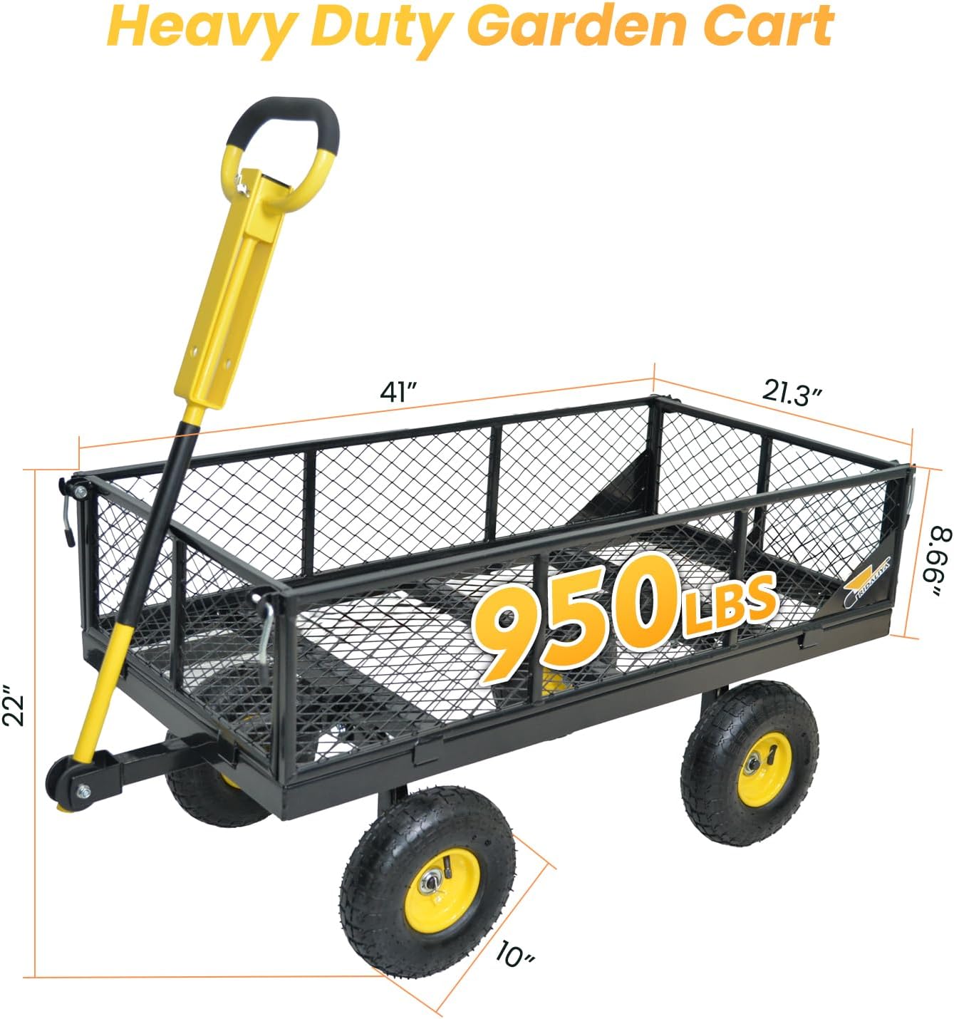 950 lbs Steel Garden Cart, Heavy Duty Yard Utility Wagon with 10" Pneumatic Tires, Removable Mesh Sides and 180° Rotating Anti-Slip 2-in-1 Convertible Handle-VerdiqueGarden