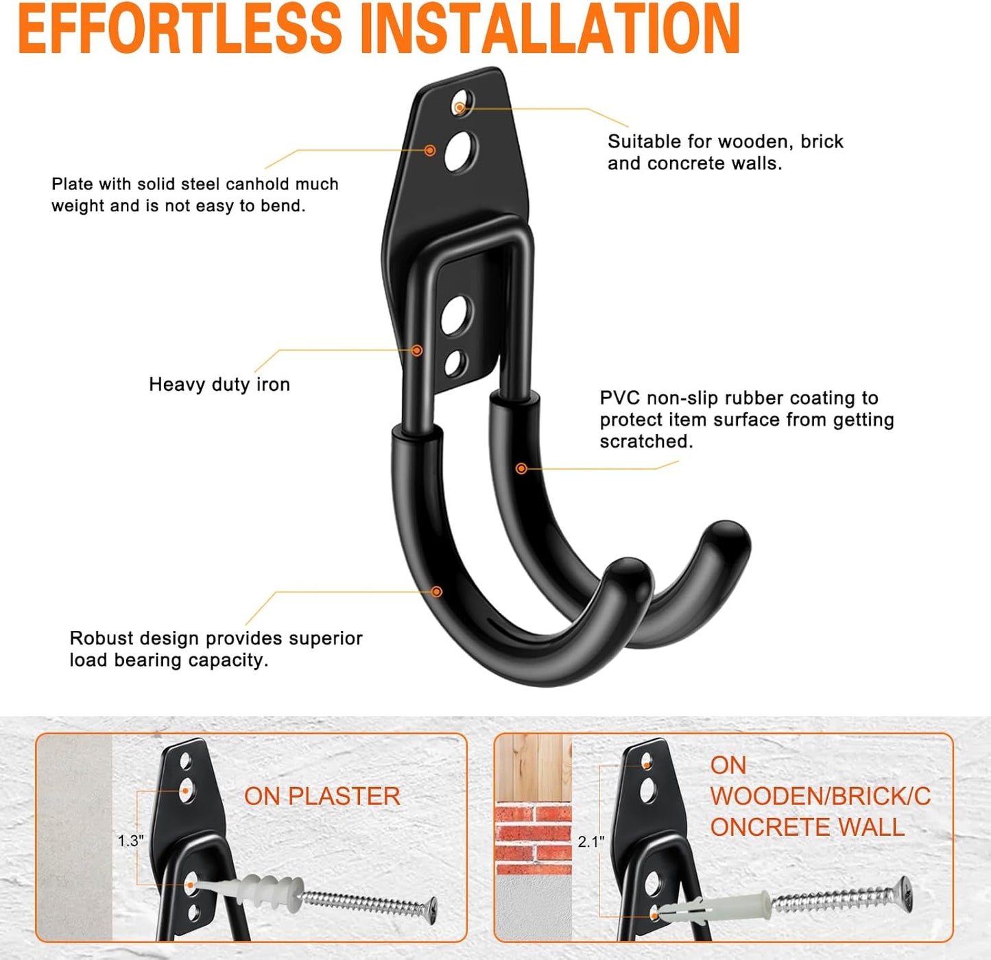 Heavy Duty Garage Hooks 6 Pack, J Shaped Hanger, Wall Mounted Storage System, Power and Garden Tool Organizer, for Hanging Ladders, Bikes Tires, Hose, Bulk Items-VerdiqueGarden