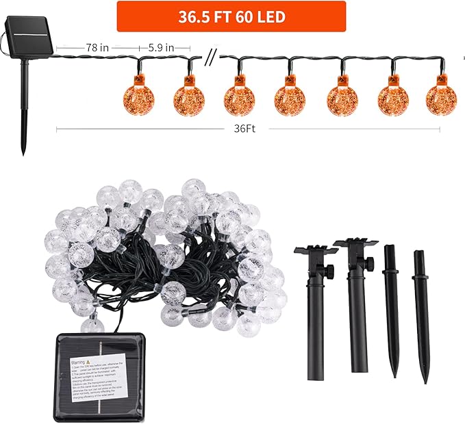 Solar Halloween String Lights Outdoor 60 LED 36 Feet Crystal Globe String Lights with 8 Lighting Modes, Waterproof Solar Powered Patio Lights for Garden Yard Porch Decor (Orange)-VerdiqueGarden