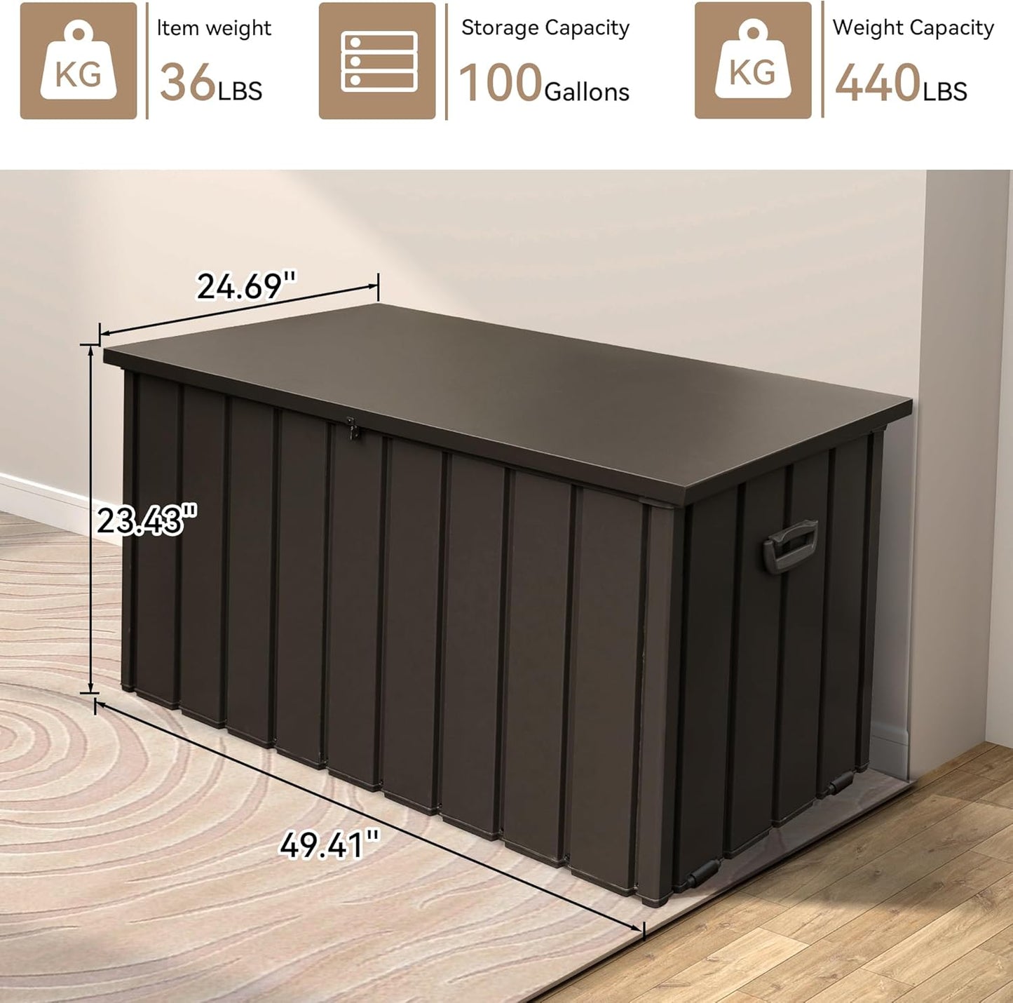 Outdoor Storage Box, 100 Gallon Metal Deck Box Waterproof, Outside Steel Storage Lockable Cabinet, Indoor Storage Bin Container for Patio/Poolside/Backyard Cushions, Pillow -Brown-VerdiqueGarden