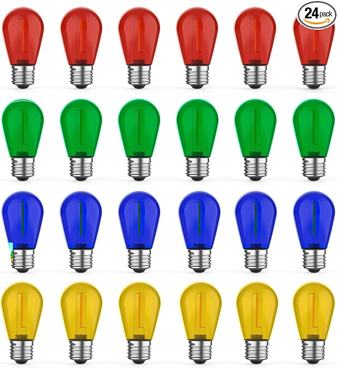 24 Pack S14 Colored LED String Light Bulbs, 1W Plastic Shatterproof Replacement Bulbs for Outdoor Patio Backyard Lights, E26 Medium Base, Warm White 2200K, Dimmable, Red/Green/Blue/Orange-VerdiqueGarden