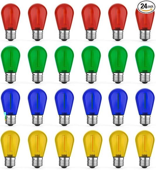 24 Pack S14 Colored LED String Light Bulbs, 1W Plastic Shatterproof Replacement Bulbs for Outdoor Patio Backyard Lights, E26 Medium Base, Warm White 2200K, Dimmable, Red/Green/Blue/Orange-VerdiqueGarden