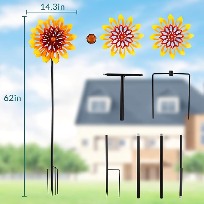 Sunflower Wind Spinners, 360 Degrees Swivel Metal Wind Sculptures, 62" Garden Pinwheels for Yard Lawn Patio Decor-VerdiqueGarden