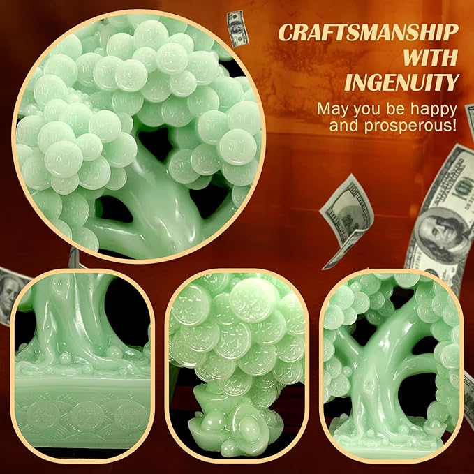 Top Resin Money Tree, Artificial Bonsai Tree, Handcrafted, Premium Quality, Feng Shui Gift for Abundance Luck and Success (Green)-VerdiqueGarden